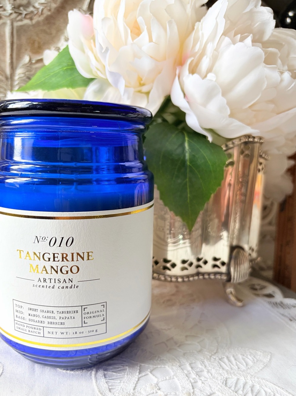 Tangerine Mango 18 oz candle cobalt blue glass jar